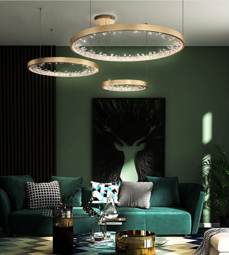 Zeddiani | Gold Rings Led Crystal Chandelier for Bedroom, 3 Rings 7 Bases