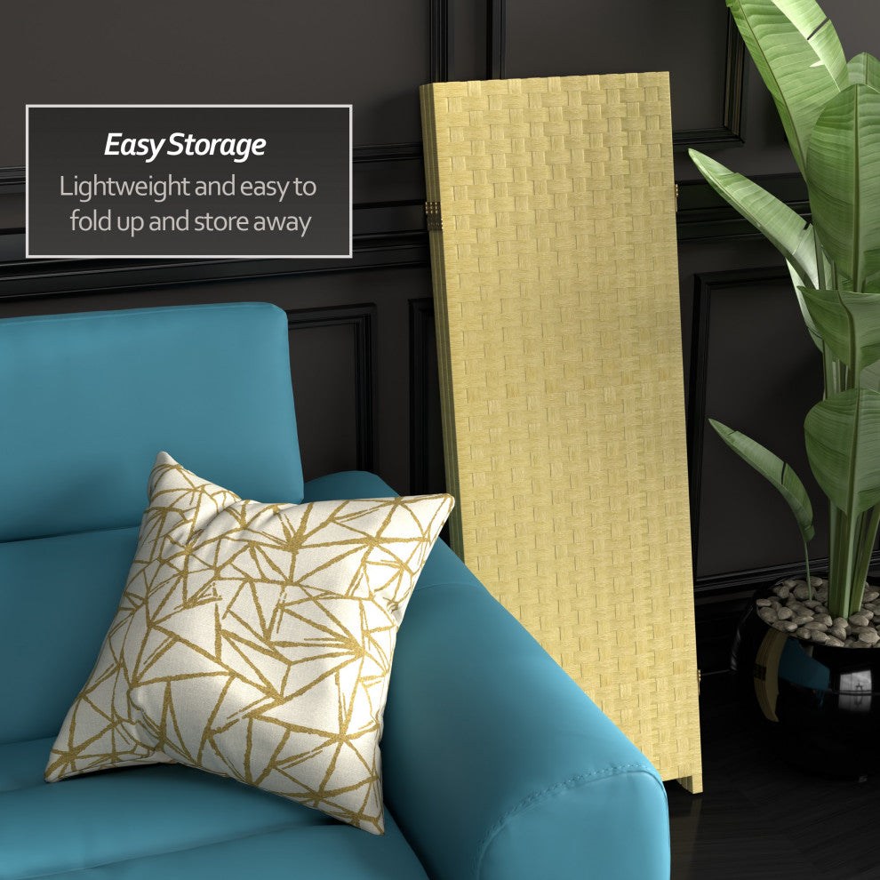 4' Tall Woven Fiber Room Divider, Dark Beige, 3 Panel