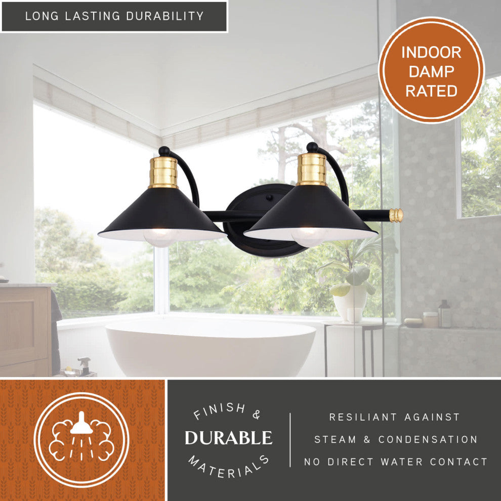 Akron 2 Light Vanity Matte Black and Natural Brass with Matte White