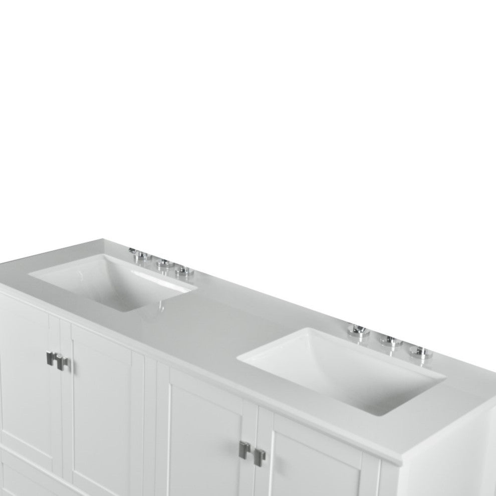 61" Double Vanity, White With Engineered Stone Top