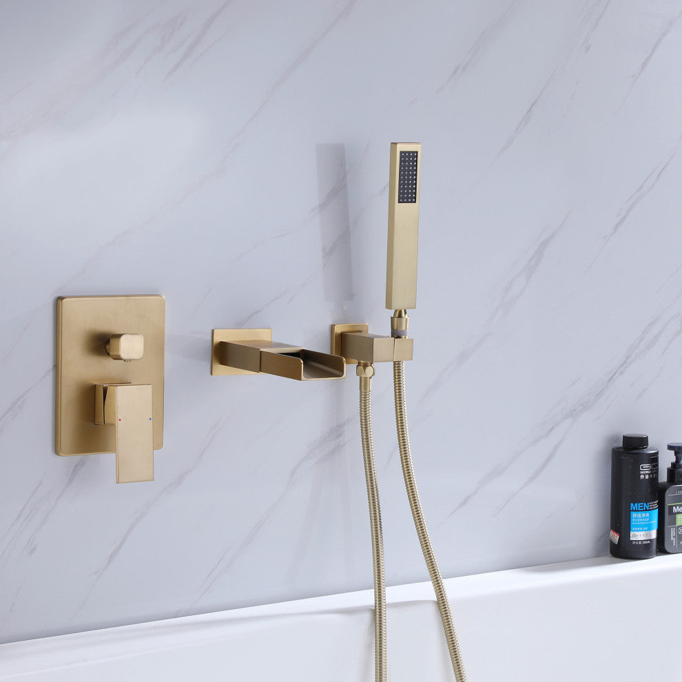 Modern Wall Mounted Dual Handle Bathtub Faucet with Hand Shower, Brushed Gold
