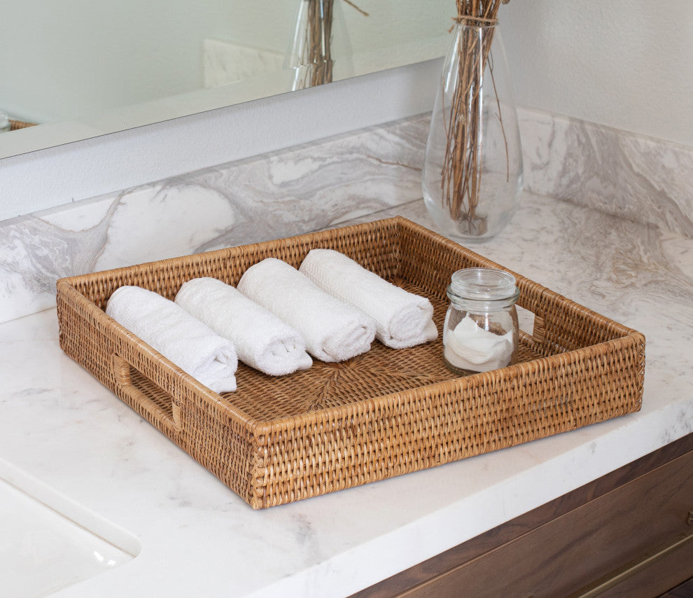 Artifacts Rattan™ Square Ottoman Tray with Cutout Handles, Honey Brown, 18"x18"