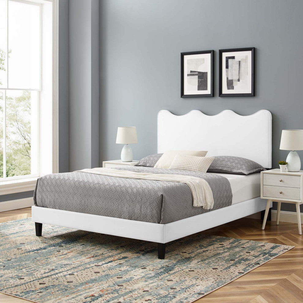 Platform Bed Frame, King Size, White, Velvet, Modern, Bedroom Guest Suite