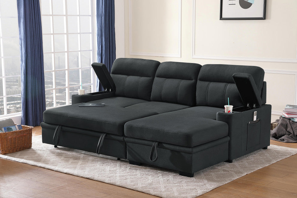 Kaden Fabric Sleeper Sectional Sofa, Black