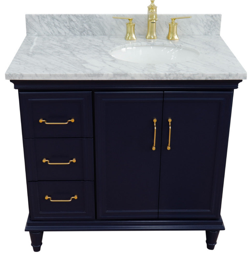 37" Single Vanity, Blue Finish With White Carrara