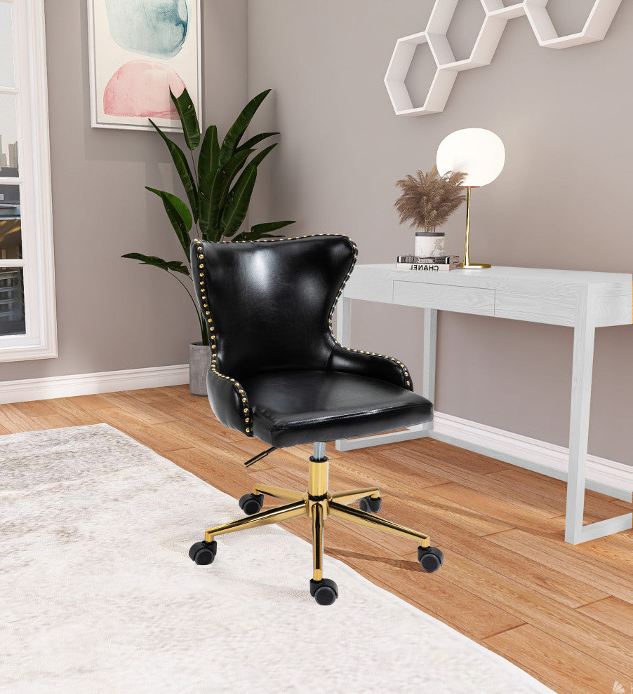 Hendrix Swivel and Adjustable Vegan Leather Office Chair, Black, Rich Gold Base