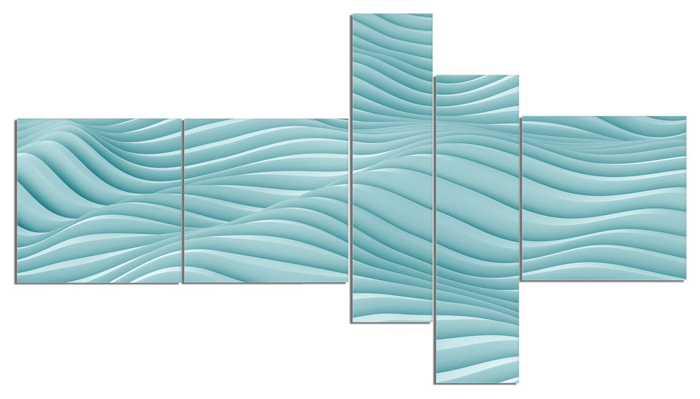 Fractal Rippled Blue 3D Waves, Abstract Canvas Art Print, 60"x32", 5 panels