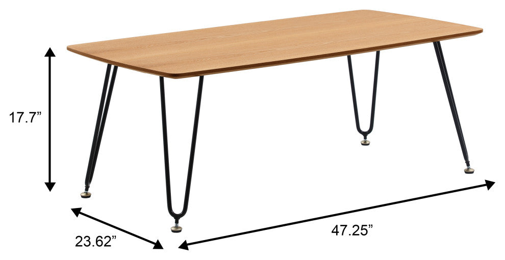 Elmwood 47" Coffee Table Rectangular MDF Tabletop, Black Iron, Natural