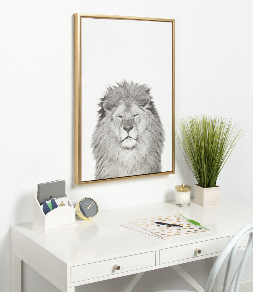 Sylvie Lion Portrait Framed Canvas Wall Art by Simon Te Tai, Gold 23x33