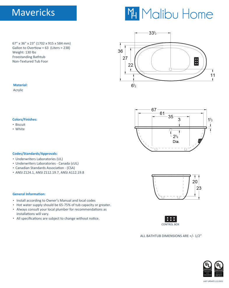 Malibu Mavericks Oval Soaking Bathtub 67x36x23 White