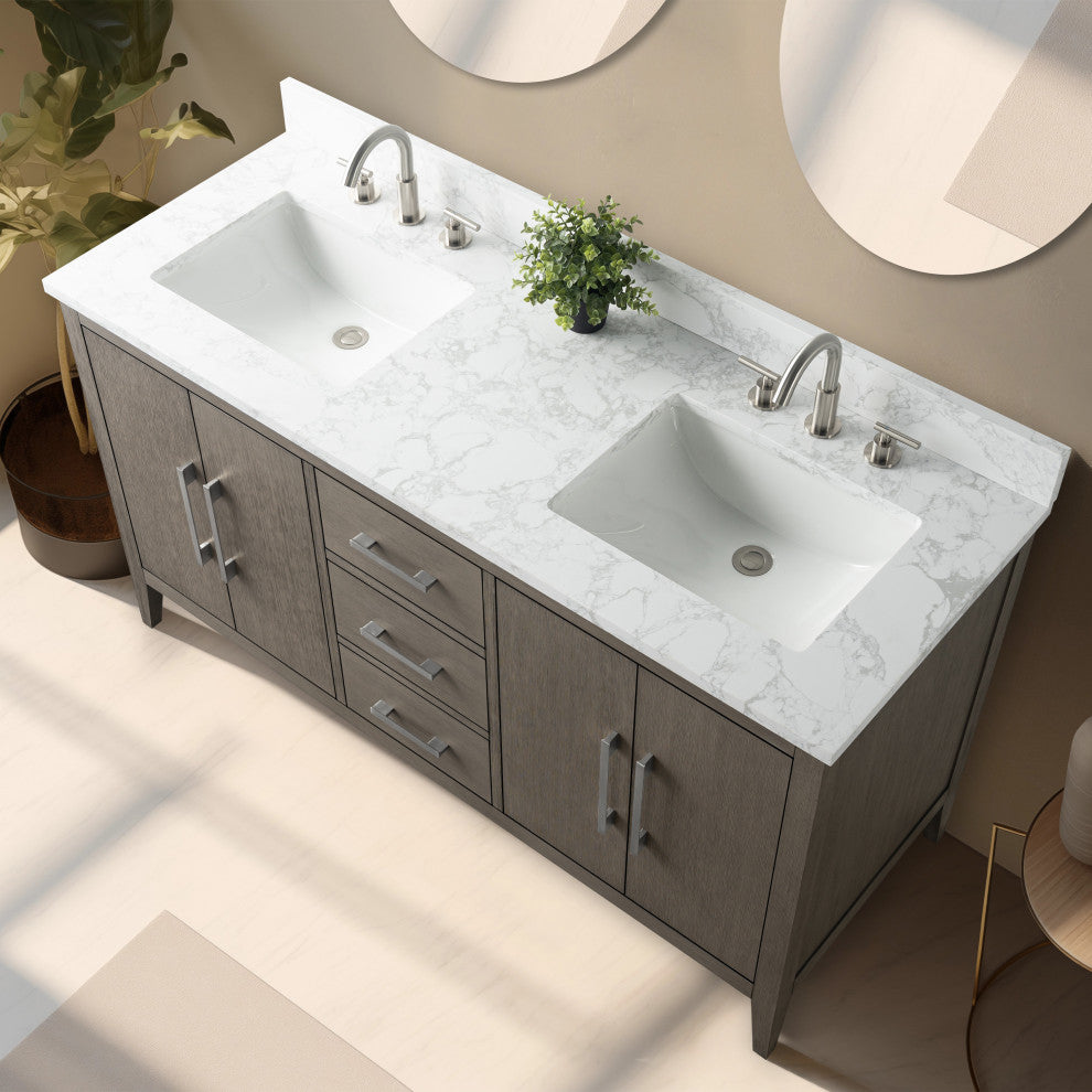Vanity Art Bathroom Vanity With Sink, Driftwood Gray, 60", Double Sink, Brushed Nickel