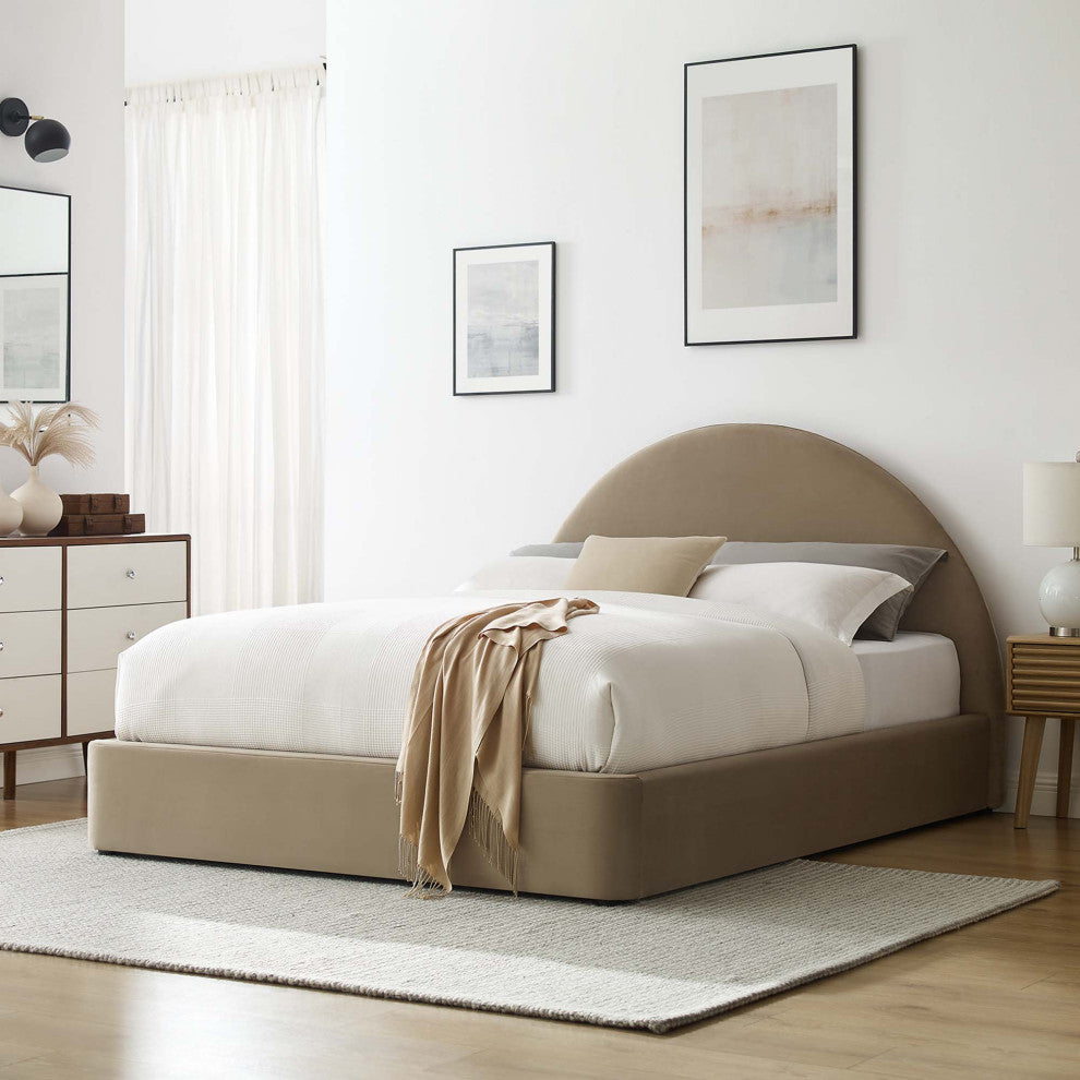 Resort Performance Velvet Arched Round King Platform Bed, Taupe