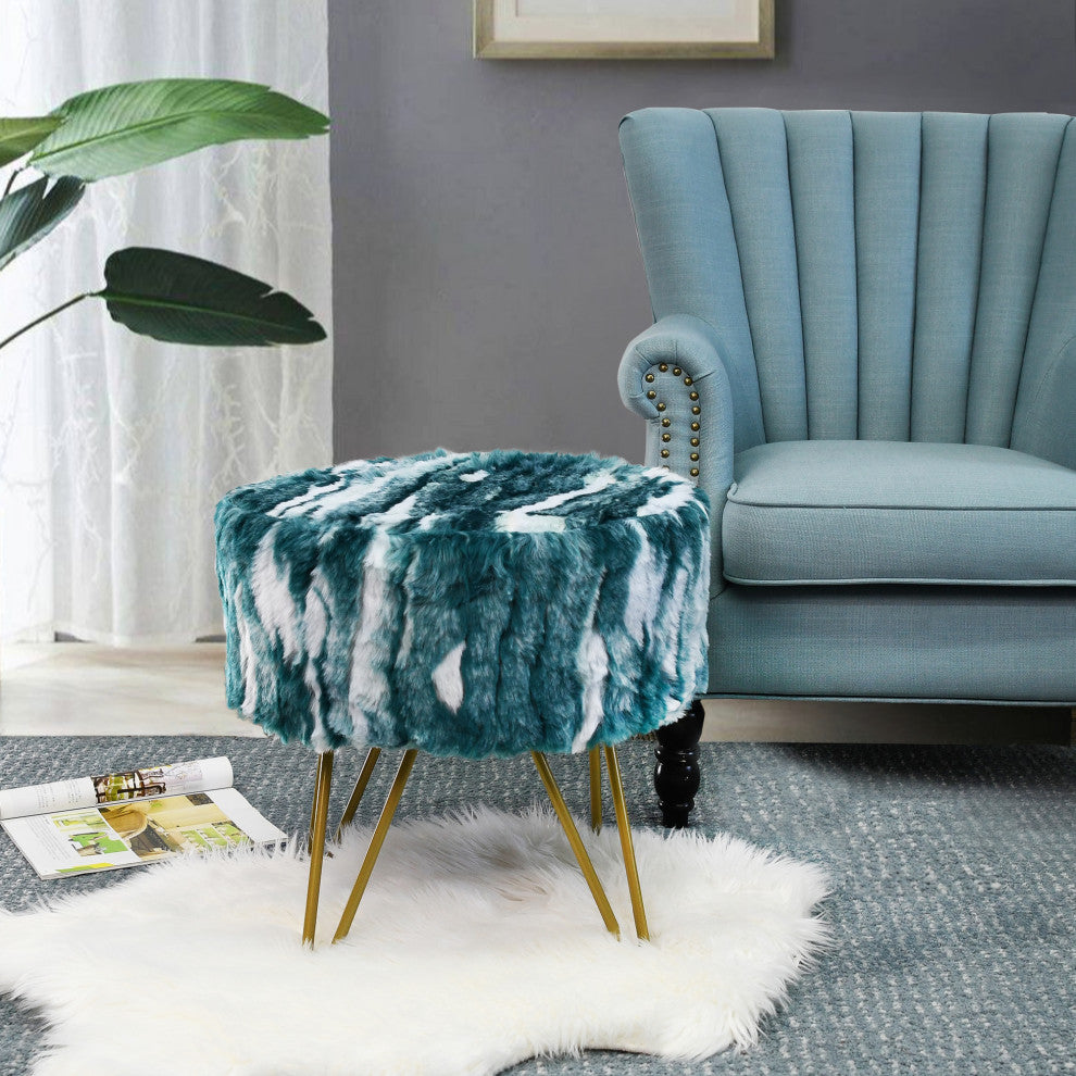 Fauxfur Ottoman Round Fuzzy Entryway Bench, Deep Teal, 18"x18"x18"