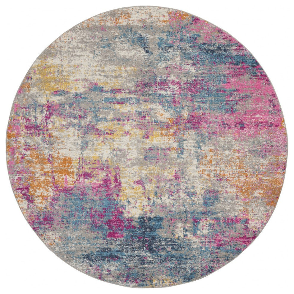 5' Blue And Pink Round Abstract Power Loom Area Rug