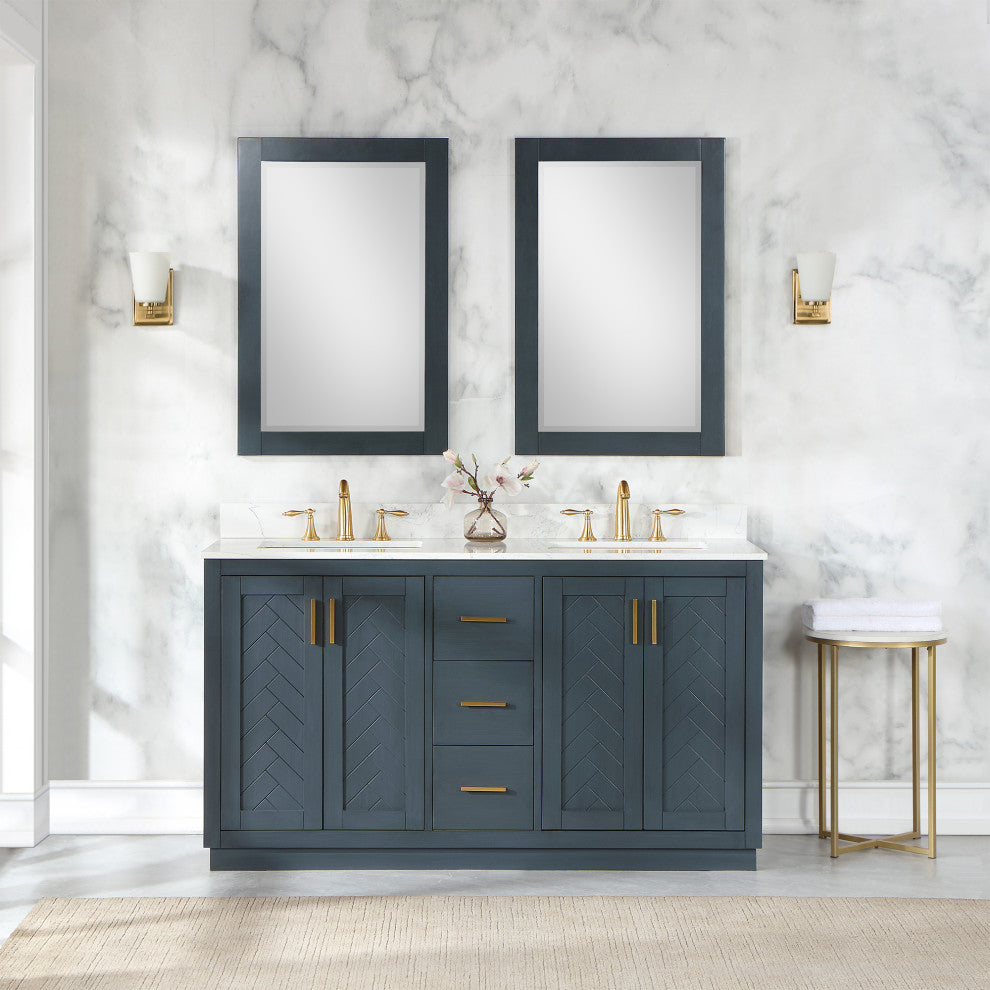 Maribella Rectangular Bathroom Wood Framed Wall Mirror, Classical Blue, 24"
