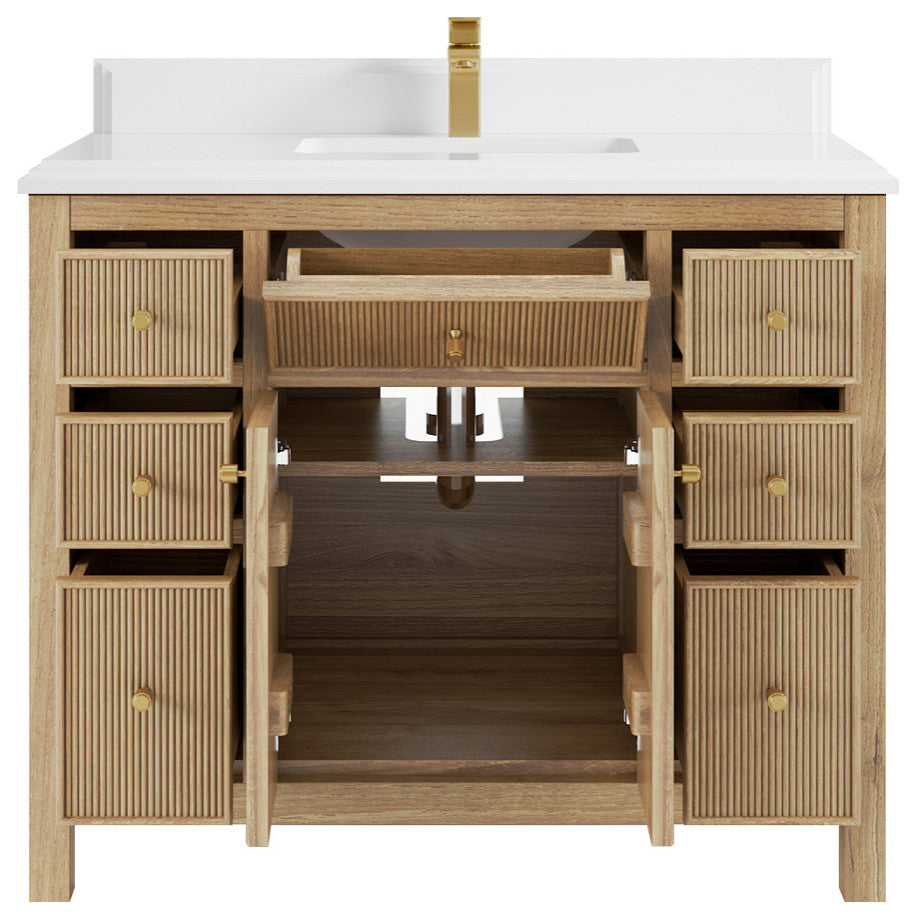 Sonoma 42 Single Sink Bath Vanity in Light Natural Teak with 1.5" Calacatta Laza