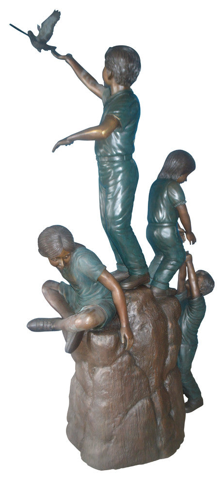 Four Kids Playing on a Rock Bronze Statue -  Size: 49"L x 26"W x 89"H.