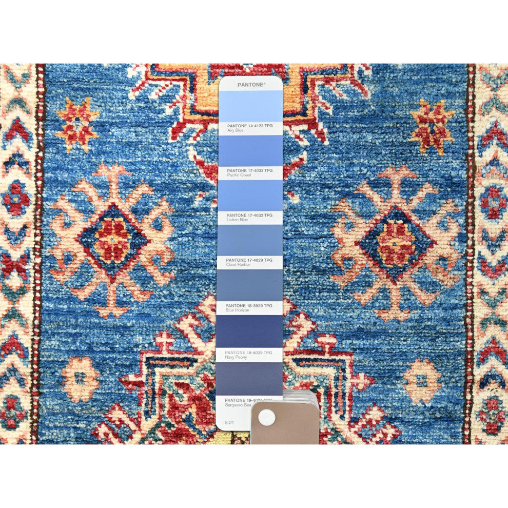 Denim Blue Soft Wool Hand Knotted Afghan Super Kazak XL Runner Rug, 2'7"x34'0"
