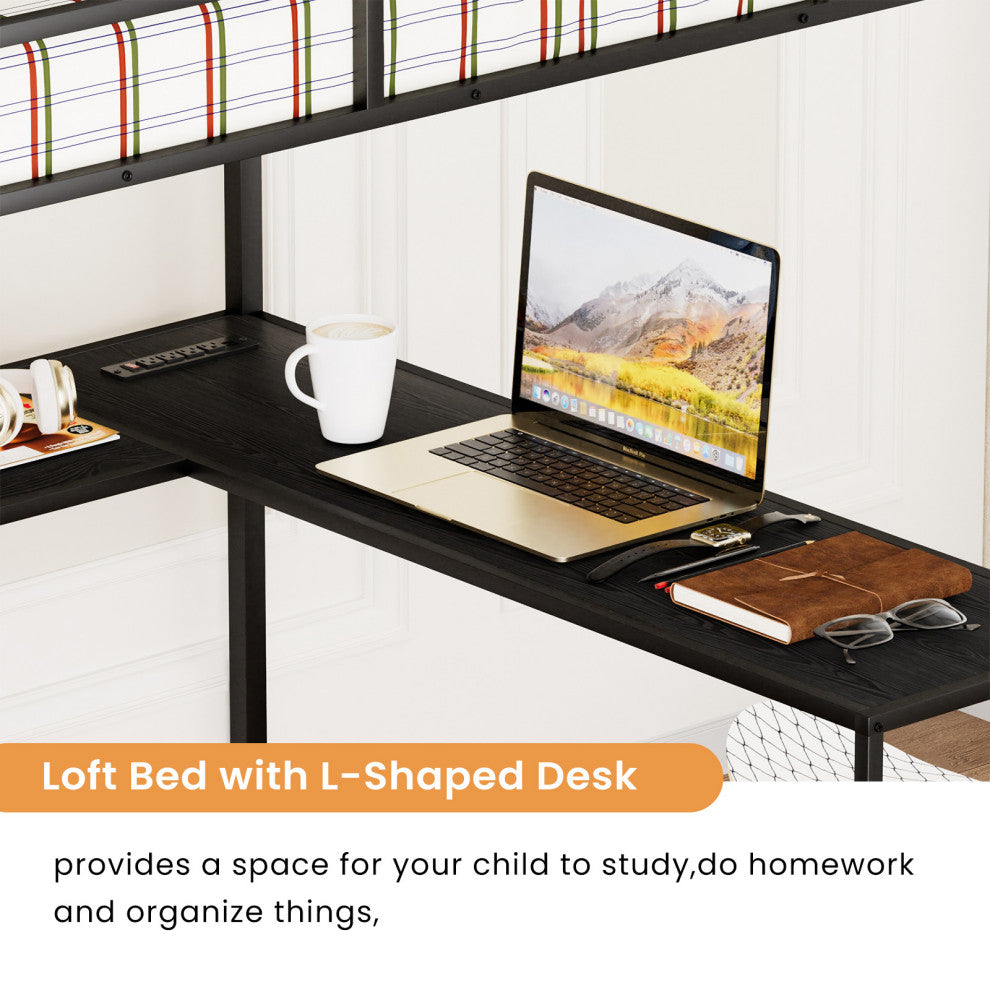 Gewnee Full Size Metal Loft Bed with L-shaped Desk