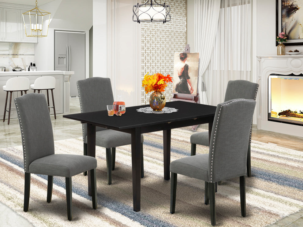 5Pc Dining Set, Nail Head Parson Chairs, Butterfly Leaf Wood Table, Black