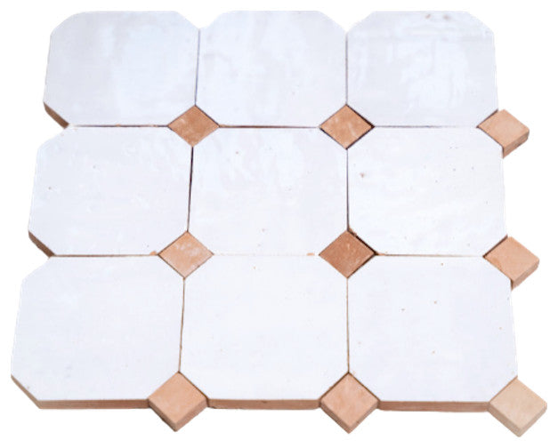 Contemporary Zellige Tile, White With Terracotta, 8-Panels 12x12"