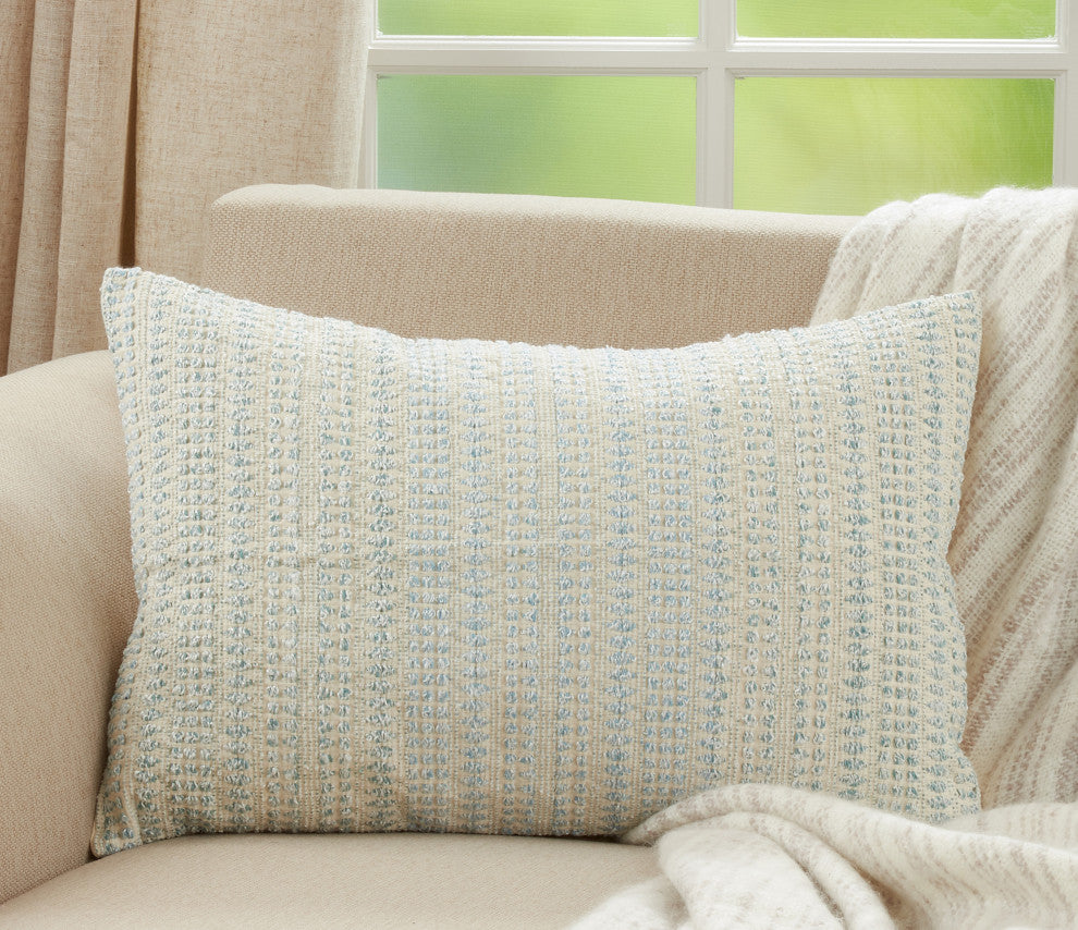 Woven Pillow With Line Design, Aqua, 16"x24", Poly Filled