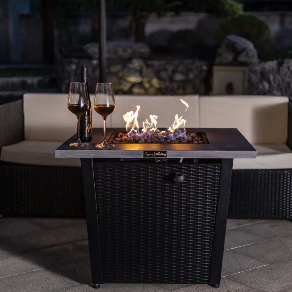 32" Square Fire Pit With Grey Brushing Table Top and Steel Wicker Base