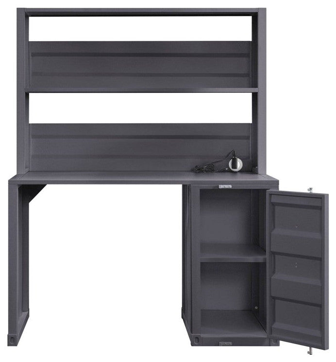 Industrial Desk, Cargo Design With Storage Cabinet & Upper Open Shelf, Gunmetal