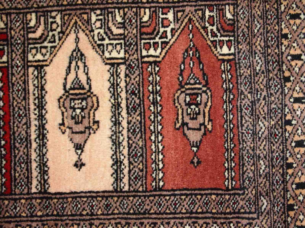 Handmade vintage Uzbek Bukhara prayer rug 1.5' x 3.3' (45cm x 101cm) 1970s