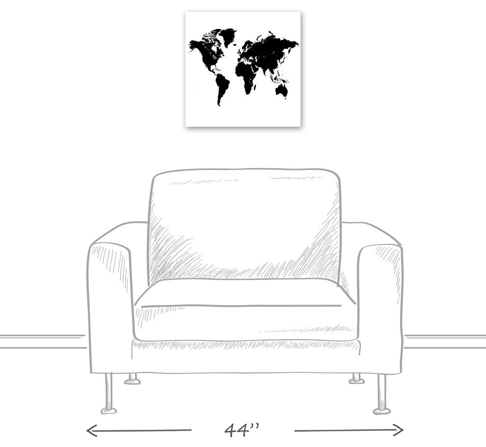 Black Siloutte World Map 16x16 Canvas Wall Art