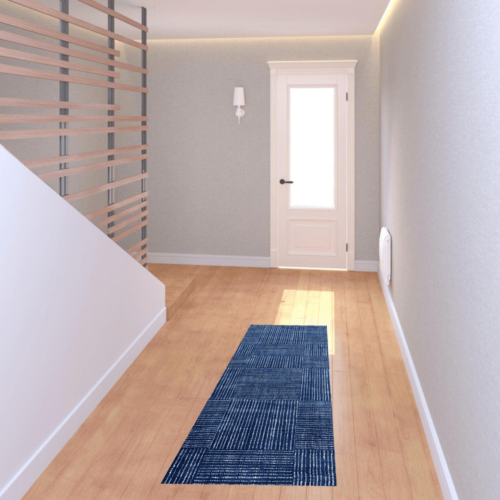 2' X 6' Navy Blue Striped Washable Runner Rug With UV Protection