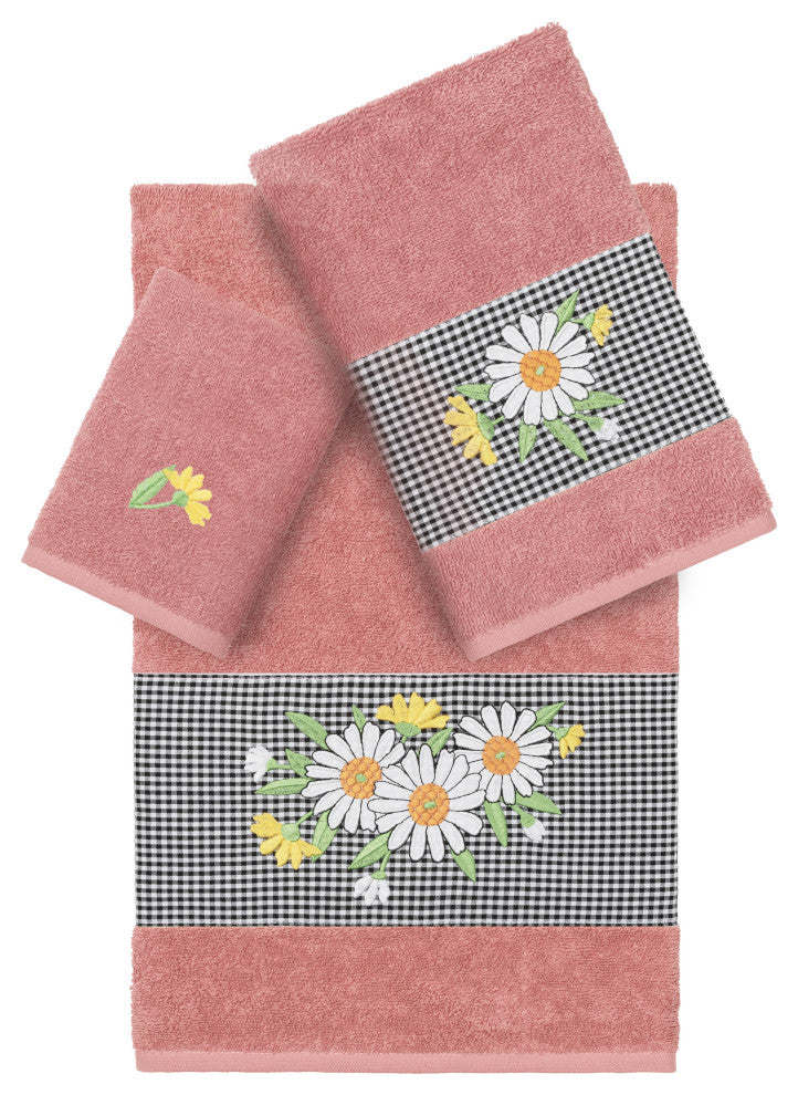 Linum Home Textiles Turkish Cotton Daisy 3-Piece Embellished Towel Set, Tea Rose