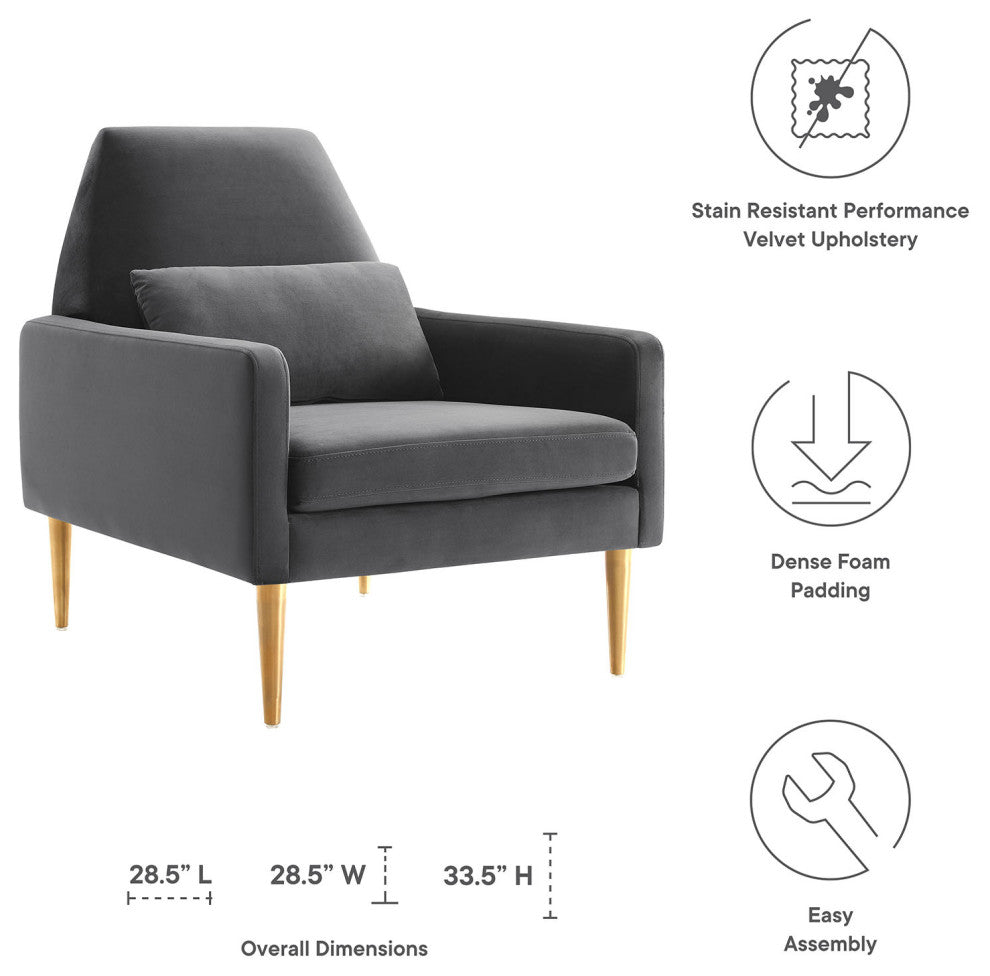 Armchair Accent Chair, Charcoal Gray, Velvet, Modern, Mid Century Lounge