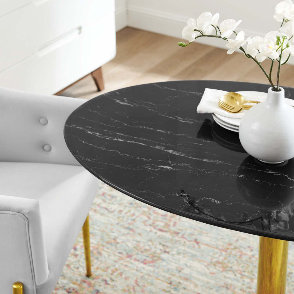 42" Dining Table, Round, Black Gold, Artificial Marble, Modern, Mid Century
