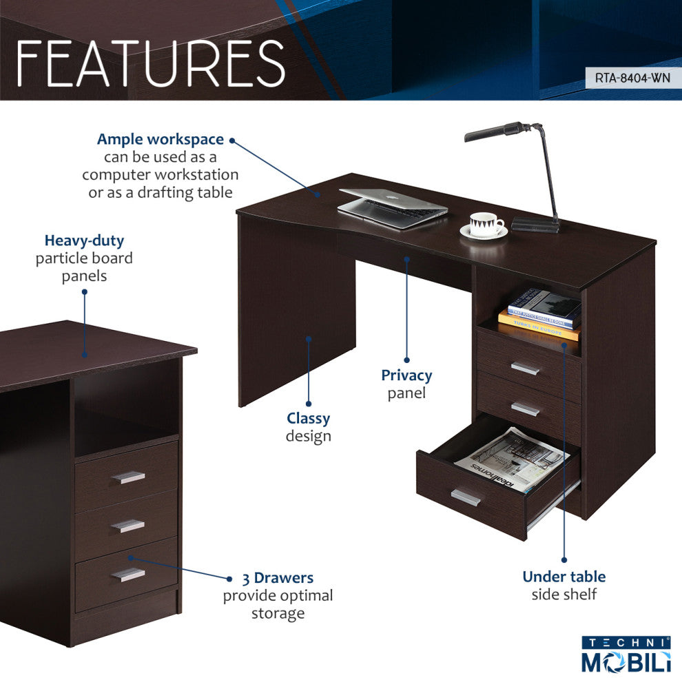 Techni Mobili Classy Computer Desk with 3 Drawers in Espresso