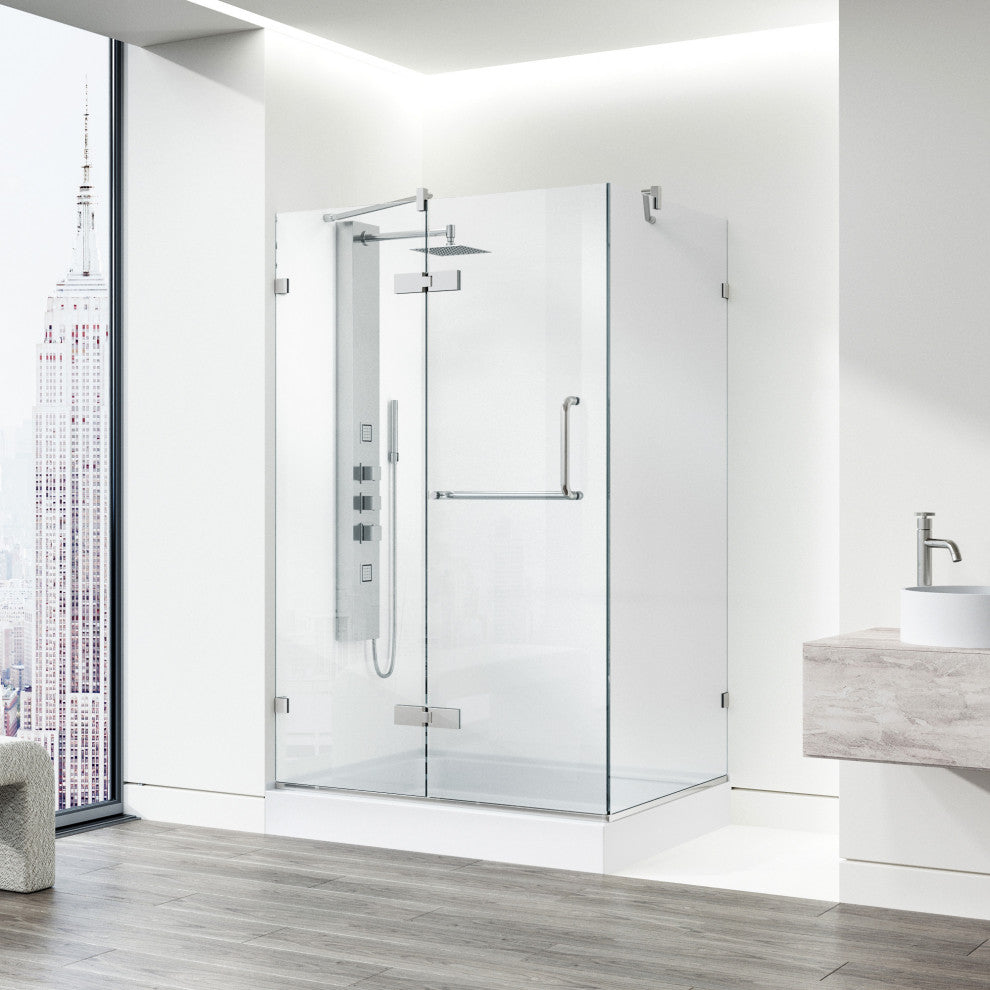 VIGO Monteray 36"D x 48"W x 79"H Frameless Hinged Shower Enclosure, Brushed Nickel, Left Base