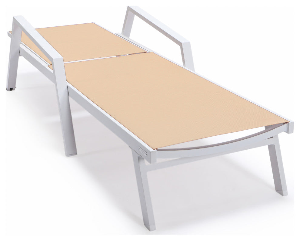 LeisureMod Marlin Patio Chaise Lounge Chair With Arms White Frame, Light Brown
