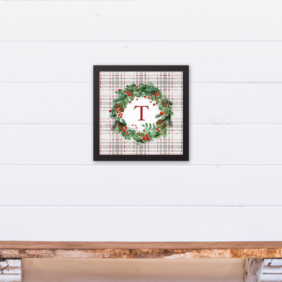 Holiday Gray Plaid Monogram Wreath T 12x12 Black Framed Canvas