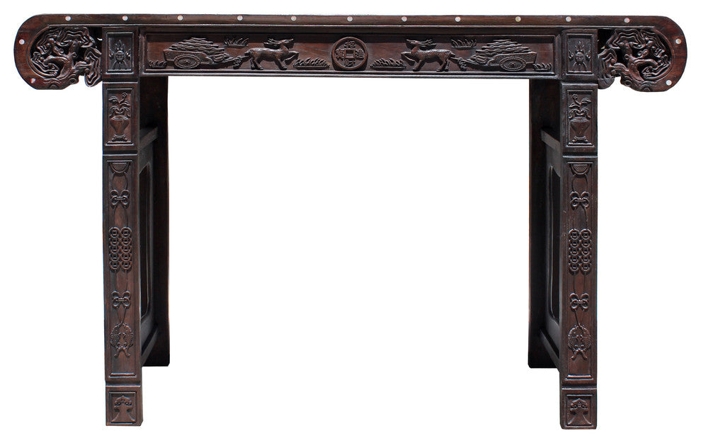 Chinese Brown Huali Rosewood Scroll Inlay Deer Fortune Motif Altar Table Hcs4227