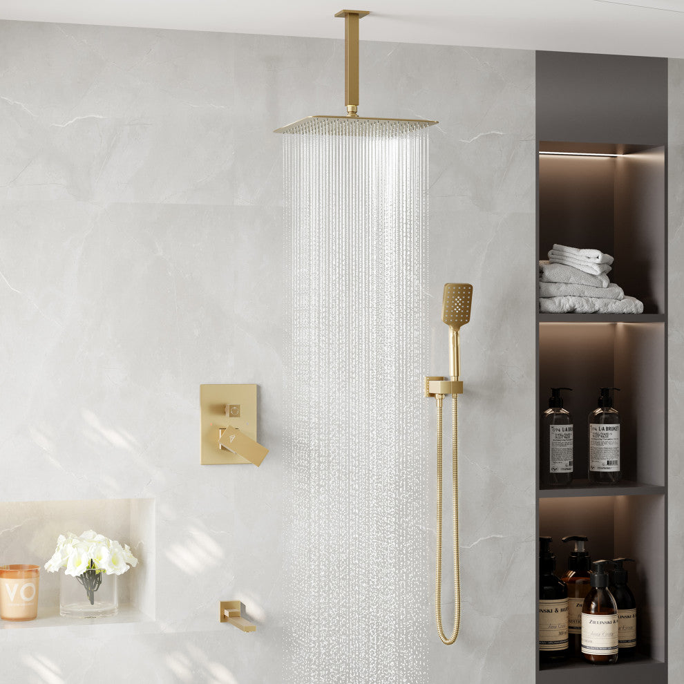 12" Rain Shower System with Handheld and Tub Faucet Mixing Valve Celling Mount