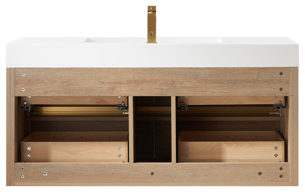 Palencia Floating Bath Vanity With Composite Stone Top, North American Oak, 48", No Mirror