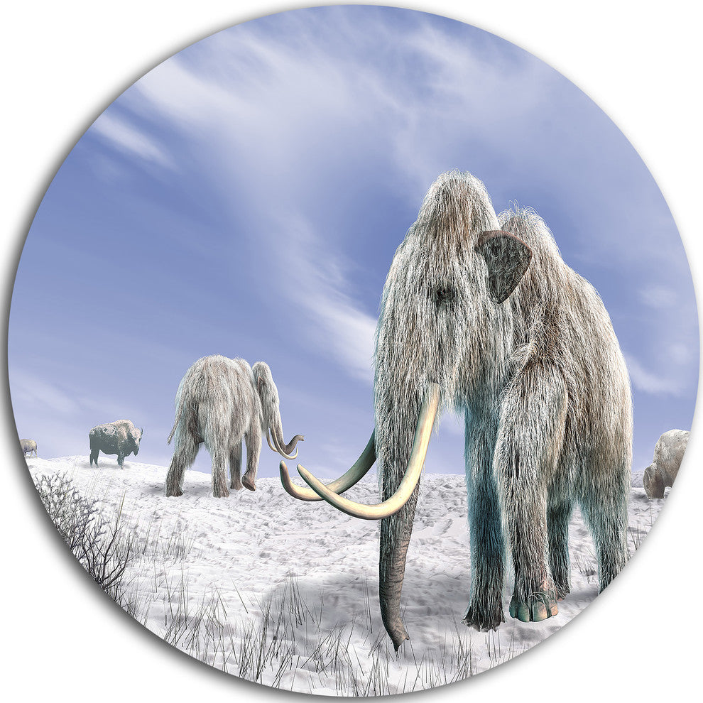 Mammoth Elephants In Field, Landscape Photo Disc Metal Wall Art, 11"