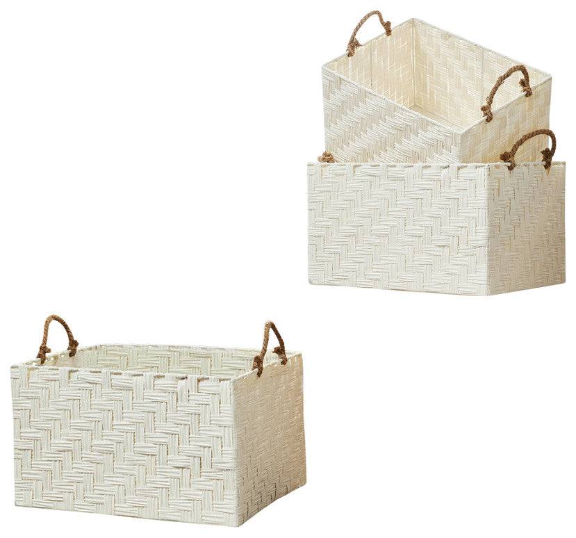 Nautica 3-Piece Set Rectangle Storage Bins with Rope Handles, White