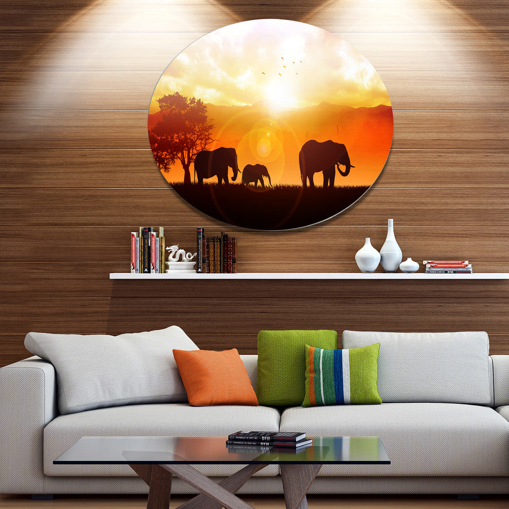 Elephants Walking At Sunset, African Round Wall Art, 11"