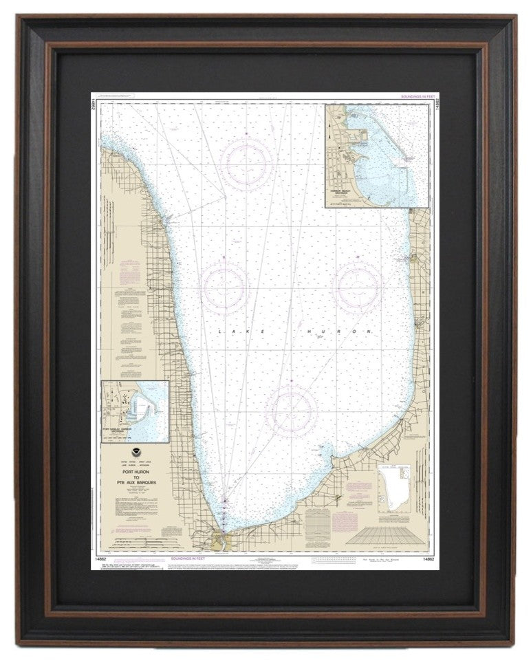 Framed Nautical Chart, Lake Huron, Port Huron to Pte aux Barques, 17x24