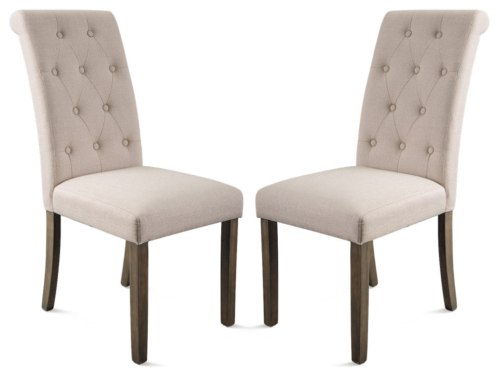 Solid Wood Dining Chair, Set of 2, Beige Tufted, Beige