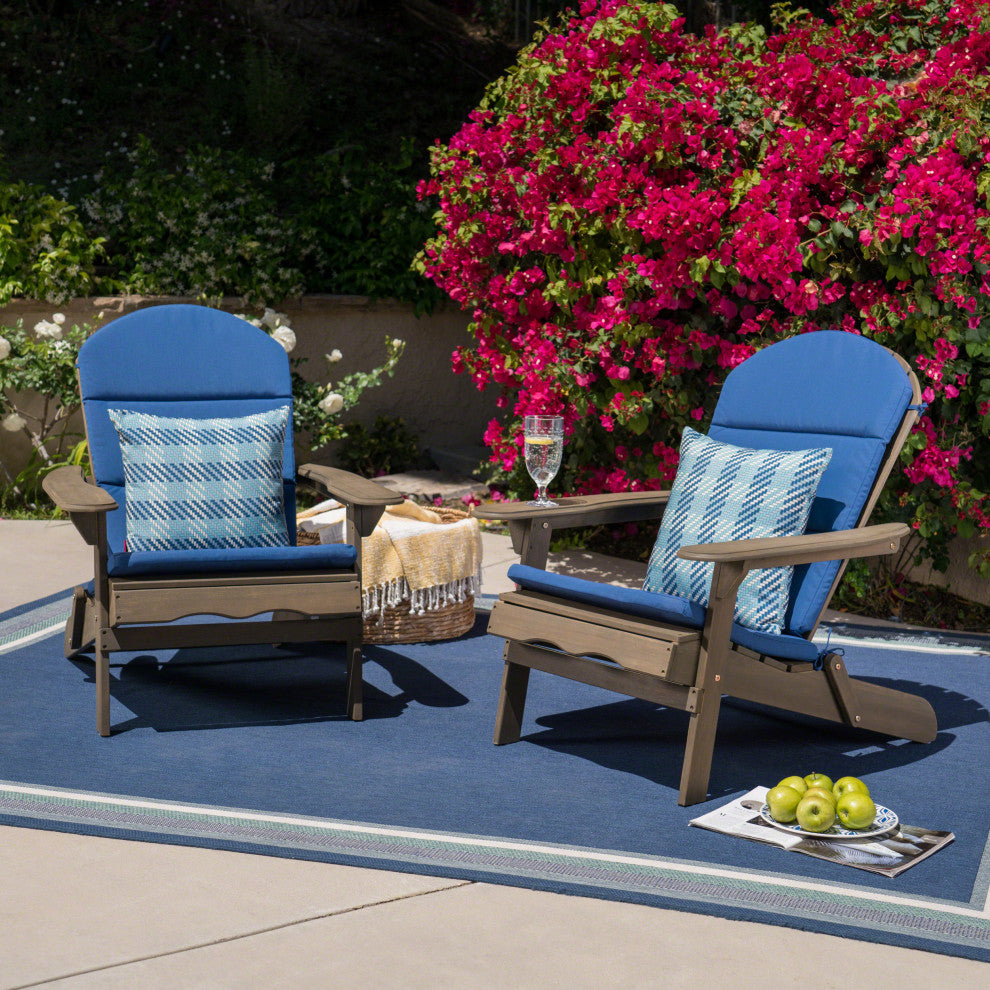 GDF Studio Amenda Outdoor Acacia Adirondack Chairs With Cushions, Set of 2, Gray/Navy Blue
