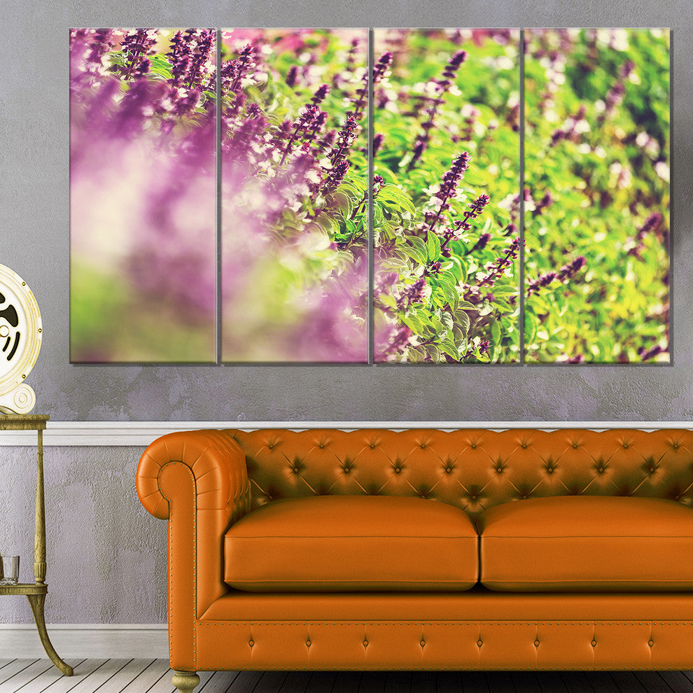 Beautiful Mint Flowers in Garden, Floral Canvas Art Print, 48"x28", 4 Panels