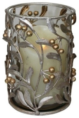 Tall 8" Leaf Berry Pillar Candle Holder, Metal Hurricane Leaves Branches