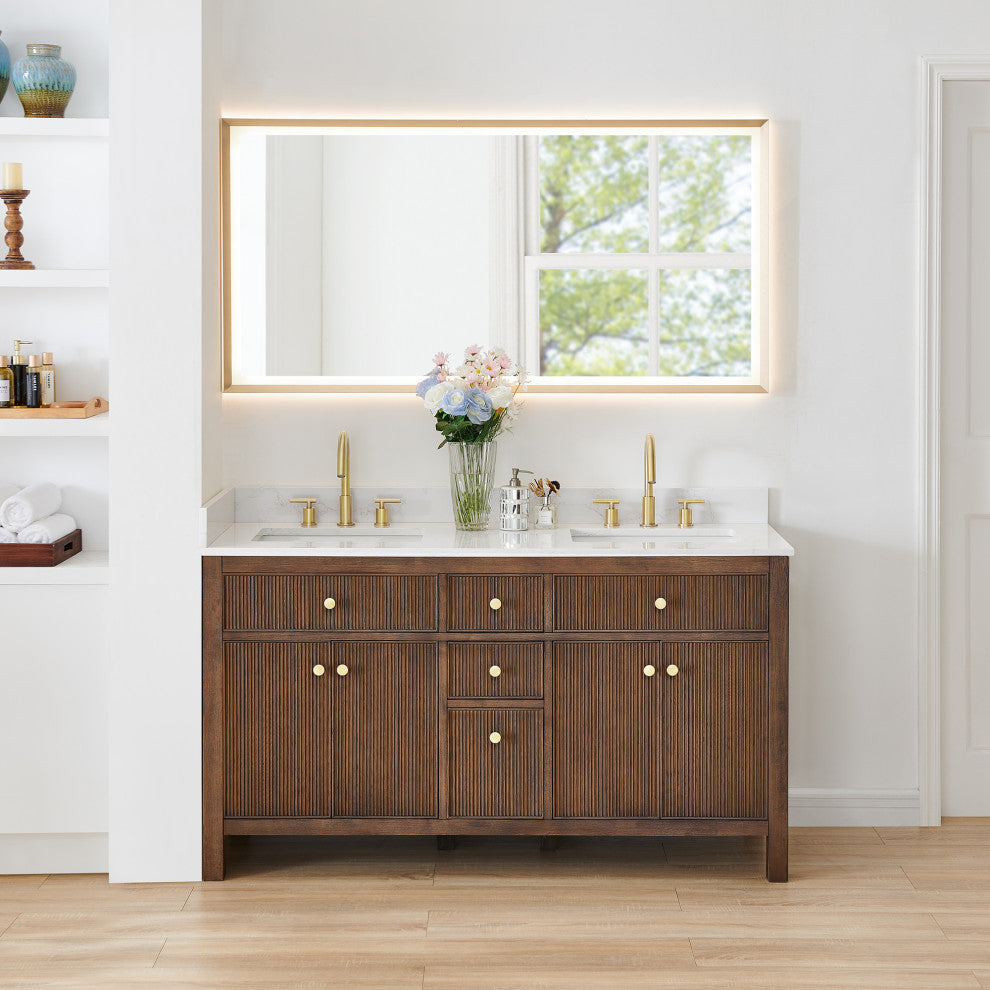 Cerrito Bathroom Vanity, Brown Brushed Oak, 60" Double, With Mirror